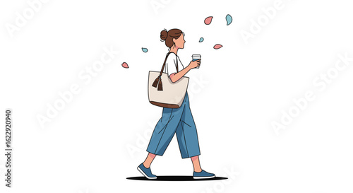A Woman Enjoys a Warm Beverage While Taking a Leisurely Stroll Outdoors