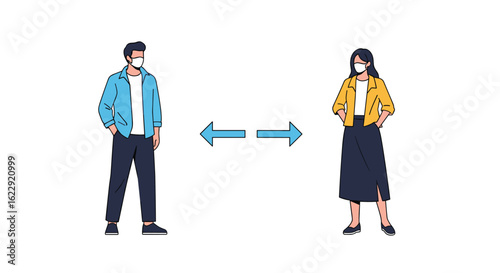 Two people maintaining physical distance wearing face masks with arrows indicating separation