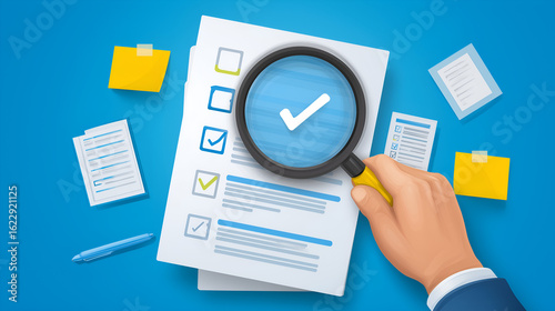 Quality Control: A meticulous inspection of a checklist, with a magnifying glass highlighting the thoroughness and attention to detail required in ensuring accuracy.
