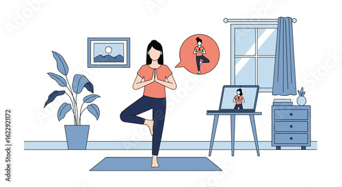 Woman Practicing Tree Pose Yoga From Home Following Online Video Instruction