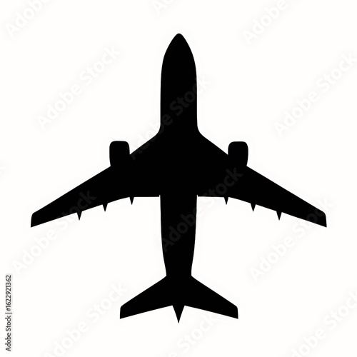 Silhouette of a modern passenger jet airplane seen from directly above isolated on white background