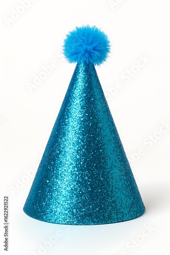 Sparkling teal blue glitter party hat with fluffy pom pom isolated on white background