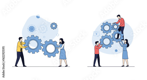 Teamwork collaboration building complex mechanisms through synchronized gear engagement
