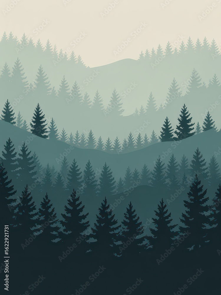 Fototapeta premium Layered Forest Landscape With Stylized Pine Trees
