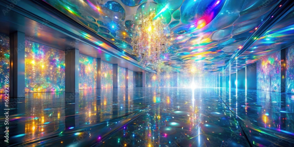 Naklejka premium A Dazzling Hallway with Iridescent Walls and a Celestial Ceiling Featuring a Sparkling Chandelier