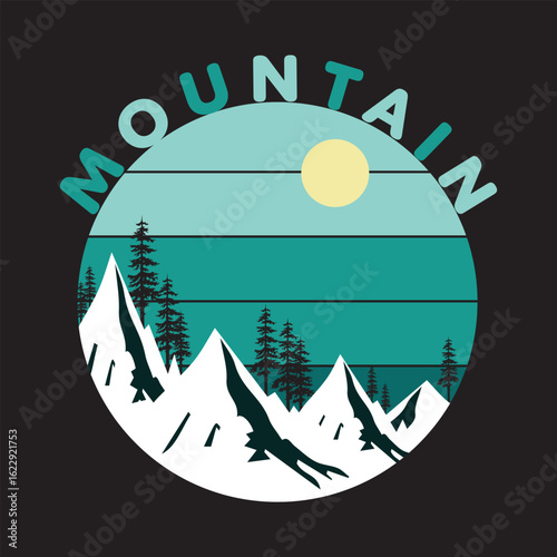 A retro mountain landscape design features snowcapped peaks, trees, and a sun within a circle, evoking a sense of outdoor adventure