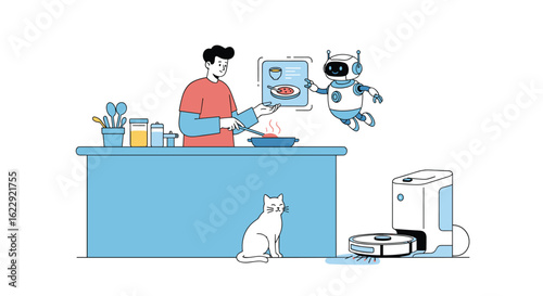 Person with a companion robot preparing food with a cat watching and a robotic vacuum cleaner nearby