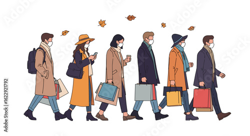 People in Fall Coats Walking With Shopping Bags Holding Phones and Coffee Cups
