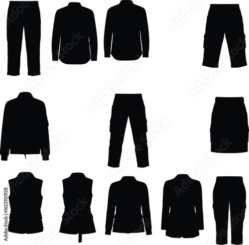 A comprehensive collection of diverse men's and women's apparel silhouettes, featuring various styles of jackets, pants, vests, and skirts, ideal for fashion design and clothing projects.