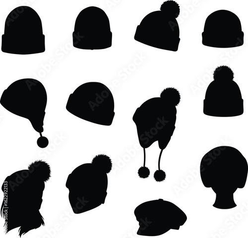 A comprehensive collection of diverse winter hat silhouettes, featuring various styles including beanies, pom-pom hats, and earflap hats, presented from multiple angles, ideal for fashion and apparel.