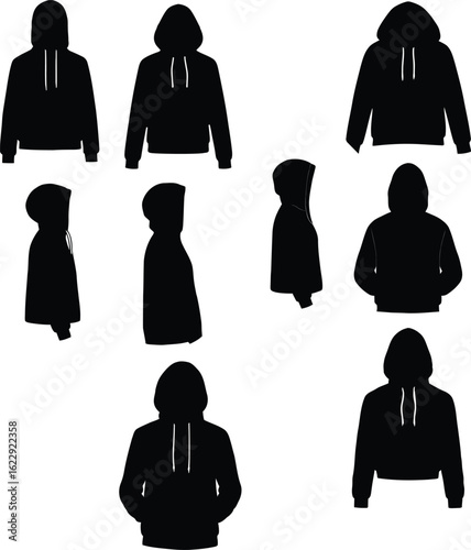 A comprehensive collection of diverse hoodie silhouettes in various angles and styles, showcasing pullovers, zip-ups, and different drawstring options, ideal for apparel design and streetwear.