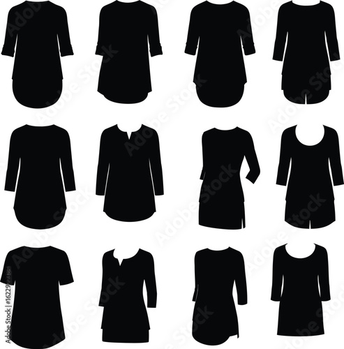 A comprehensive collection of diverse women's tunic and top silhouettes, showcasing various necklines, sleeve lengths, and hemlines, ideal for fashion design and apparel projects.