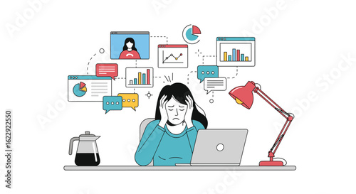 Overwhelmed Professional Struggling with Digital Communication Overload and Workstation Chaos