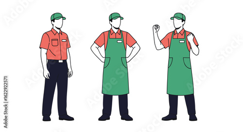Three male employees wearing uniforms standing together in different poses in an illustration