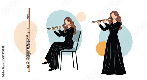 Elegant female flutists performing classical music with artistic background elements