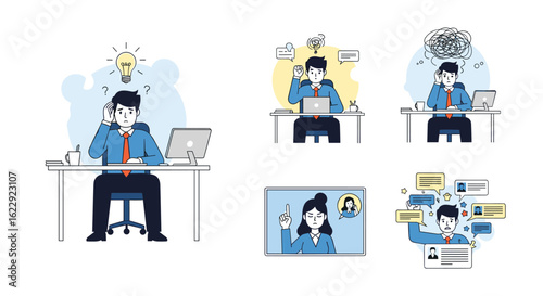 Business professionals experiencing stress confusion and finding solutions during workload