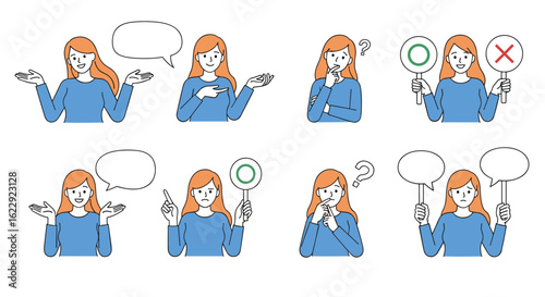 Illustrations of a woman expressing confusion doubt and making decisions