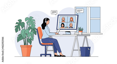 Remote team meeting collaboration using video conferencing technology from home office