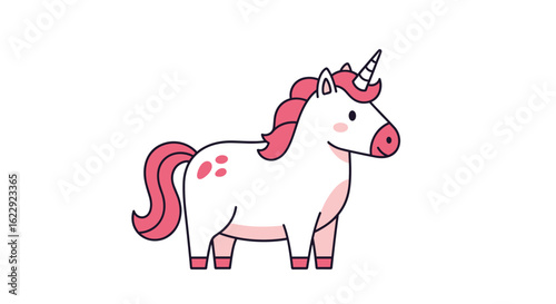 Chubby cute unicorn illustration with pink mane and tail dancing joyfully