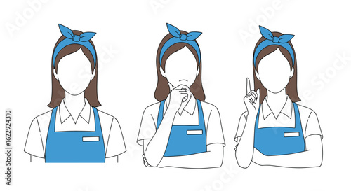 Three women in aprons with different poses thinking questioning and suggesting ideas