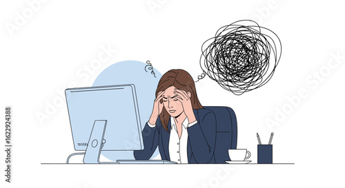 Woman with headache working hard at desk overwhelmed with stress and anxiety