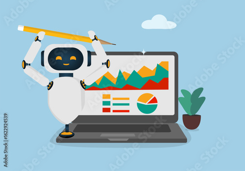 Artificial Intelligence Robot Analyzing Data with Graphs on Laptop . Business Technology Illustration