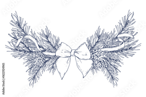 Hand drawn line art illustration of a pine garland with branches and pine cones, tied with a festive ribbon and bow, perfect for seasonal decor, holiday borders or winter-themed holiday arrangements.