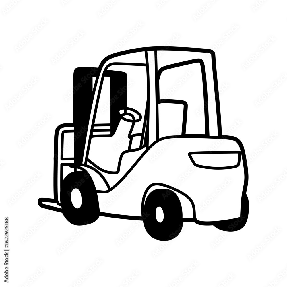 Naklejka premium black and white image of a forklift, a transport tool, seen from behind