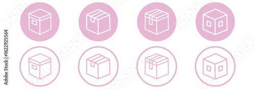 Cardboard box icon set. Carton container unpacking process vector illustration. Empty cargo package symbol for shipping or delivery service. Isometric transportation boxes set. product, gift, box 