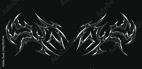 3d chrome metal of y2k tribal sigilism heart tatto. Flame shape in liquid mercury. 3d illustration of abstract neo tribal cyber sigil metallic melted modern burn form, design element. 3D Illustration