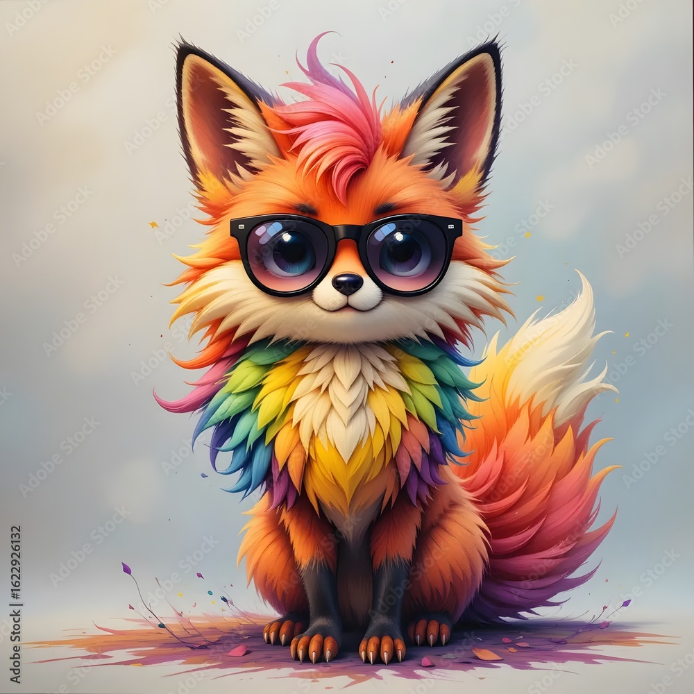 Obraz premium Stylized rainbow fox with sunglasses sitting on soft background in colorful cartoon illustration