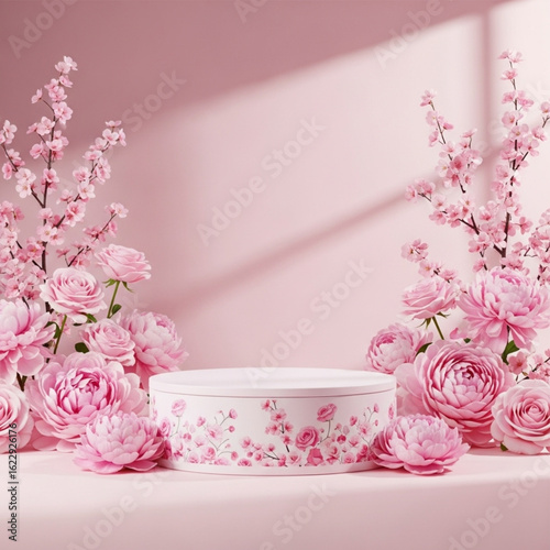 Pink floral soap dish with fresh pink flowers on pastel pink background spring beauty and freshness concept