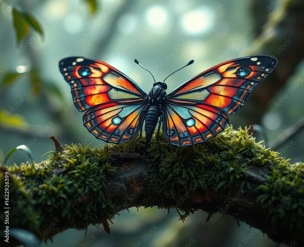 Fototapeta premium A cybernetic butterfly with metallic wings and glowing circuits resting on a mossy tree branch Generative AI