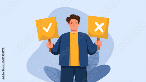 Choice in Hand: A thoughtful individual, holding signs depicting choices, right and wrong, embodying the essence of decisions.