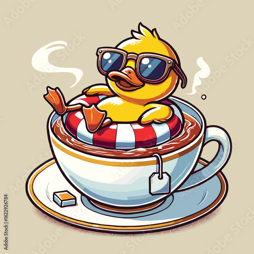 Duck in floaty ring drifting in teacup with sunglasses, comic cozy mascot vector art