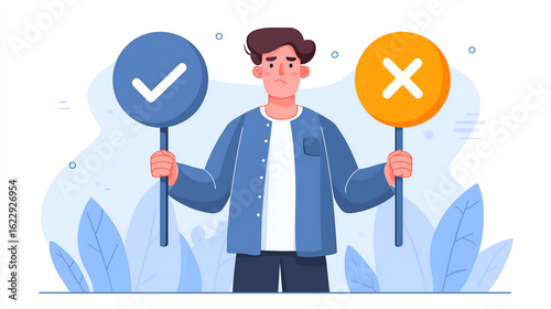 Decision Dilemma: A person struggles to make a choice.  One hand holds a green checkmark, the other a red X, symbolizing the choices before him.