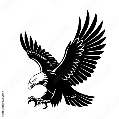 Stylized black and white illustration of a fierce bald eagle descending with wings spread and talons ready to attack.