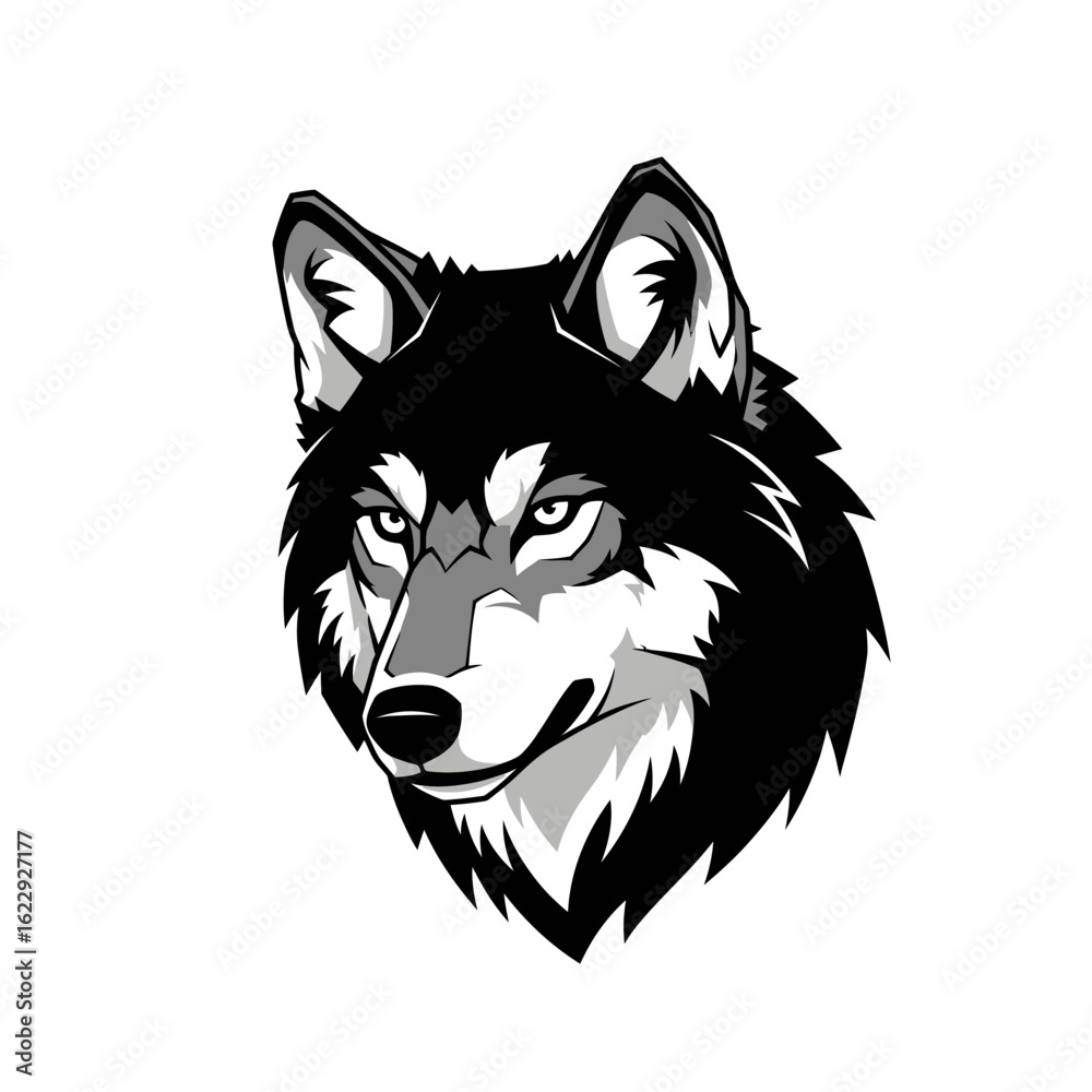Naklejka premium A fierce black and white graphic illustration of a wolf's head with an intense gaze.