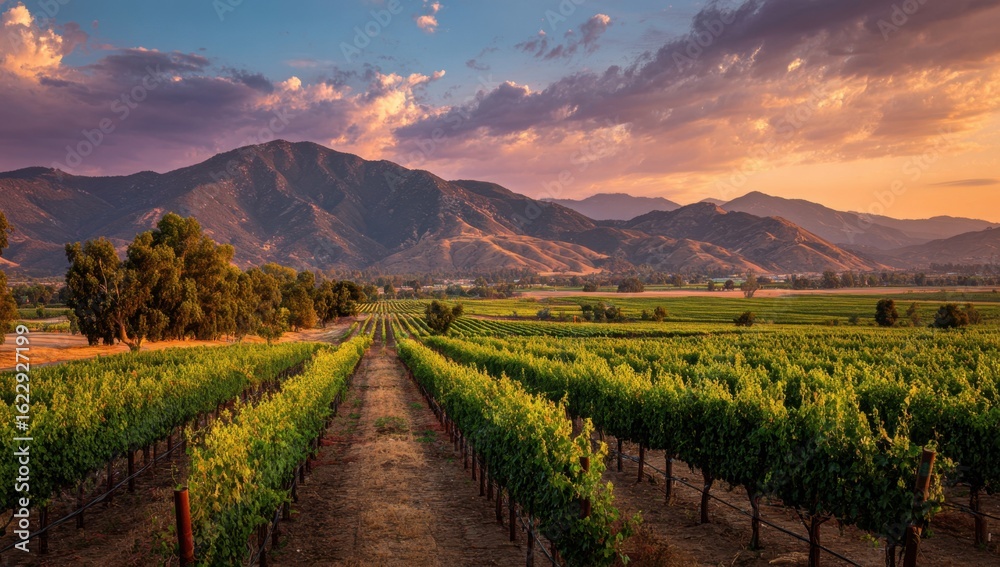 Fototapeta premium Rows of grapevines stretch into the distance under a vibrant sunset sky, framed by rolling hills and lush greenery in a peaceful valley.