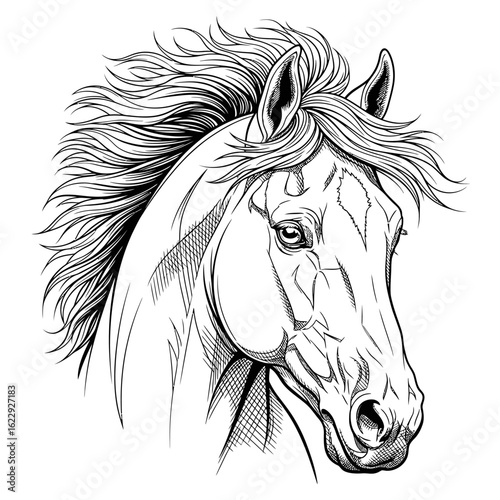 A detailed black and white line art illustration of a majestic horse head with a flowing mane.