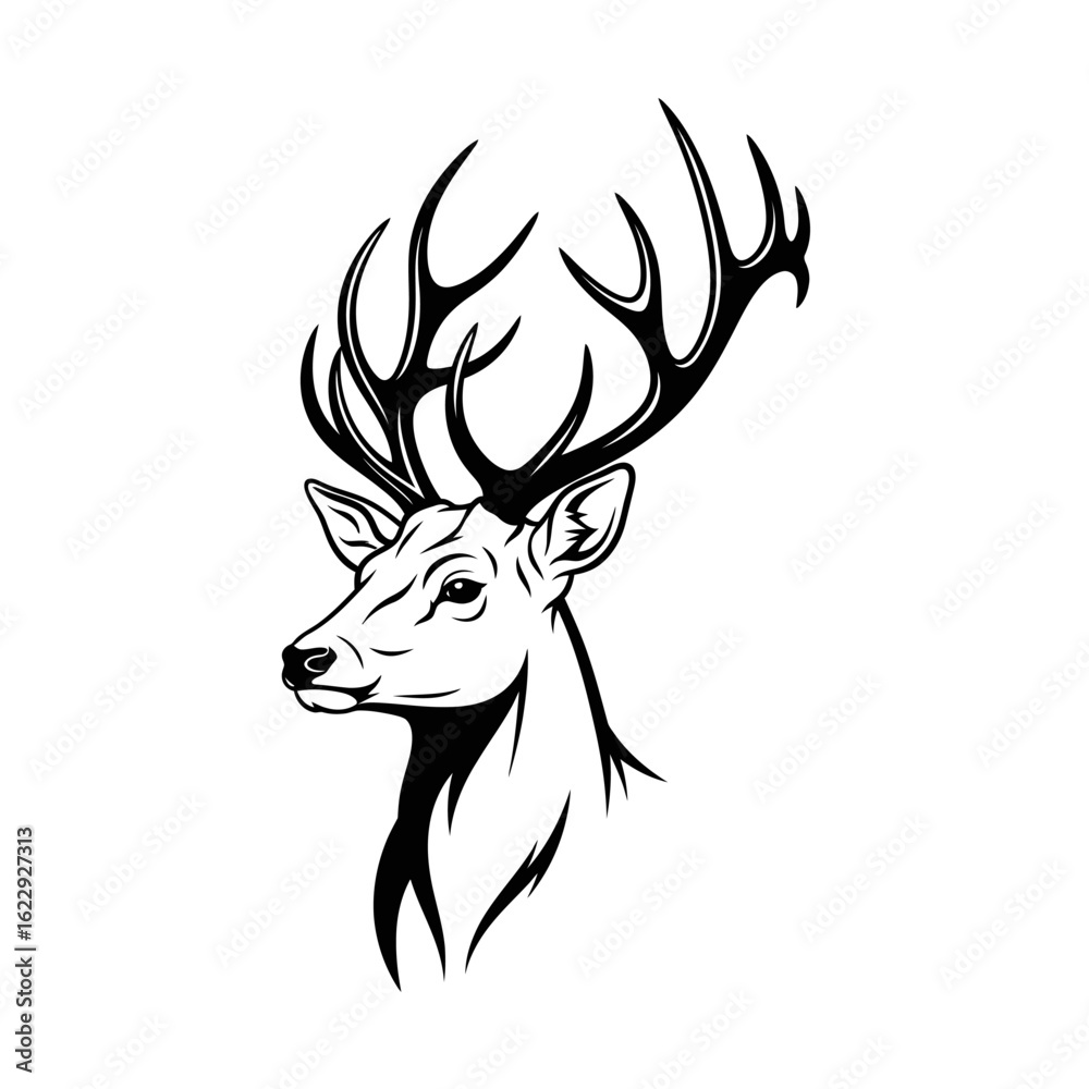 A majestic stag head with large, prominent antlers, depicted in a clean black and white graphic style.