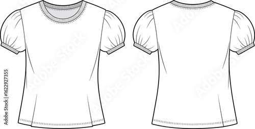 Front back shirt sketch, puff sleeve short top, ribbed neckline, curved hem double stitch, fashion vector drawing, cad drawing flat vector illustration