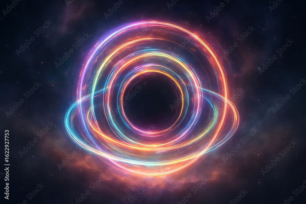 Obraz premium Colorful Glowing Rings Around a Black Hole in Deep Space Abstract Illustration
