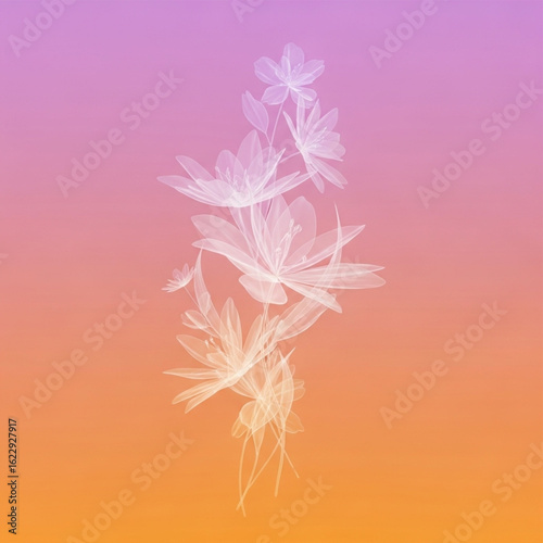 Abstract white floral design on soft pink and orange gradient background for beauty and nature concepts