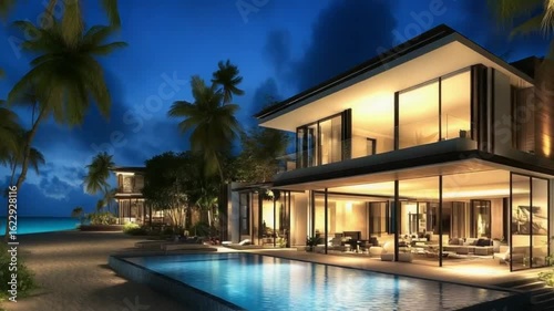 Beachfront modern homes at dusk