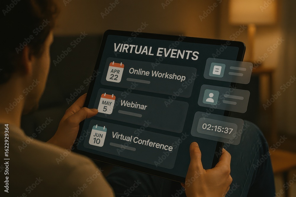 Man browsing virtual events schedule including webinar, online workshop, and digital conference dates
Man browsing virtual events schedule including webinar, online workshop, and digital conference dates