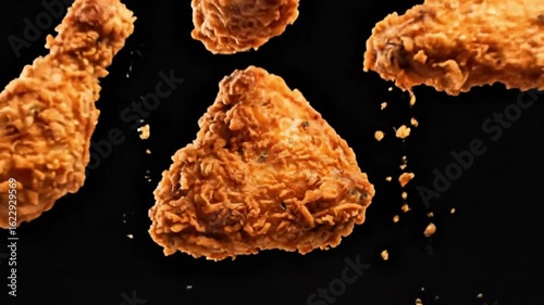 Crispy golden fried chicken wings and drumsticks falling in slow motion against a dark background with oil, fried chicken, chicken wings, drumsticks, crispy, golden brown, falling, slow motion, dark b
