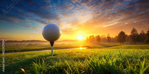 A golf ball rests on a tee, bathed in the warm glow of a sunrise over a serene golf course