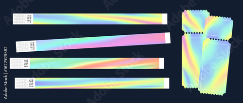 Festival Wrist Band Party Bracelet Mockups Set. Hologram Gradient Music Concert Event Wristband Bright Color Pass Templates. Vector Entry Stickers. Neon Style Access Arm Paper Admission Lanyards