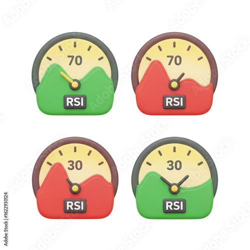 Four rsi indicator gauges showing overbought and oversold conditions